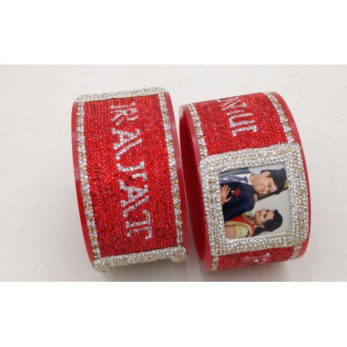 Red customised bangle pair with couple picture and latest font 